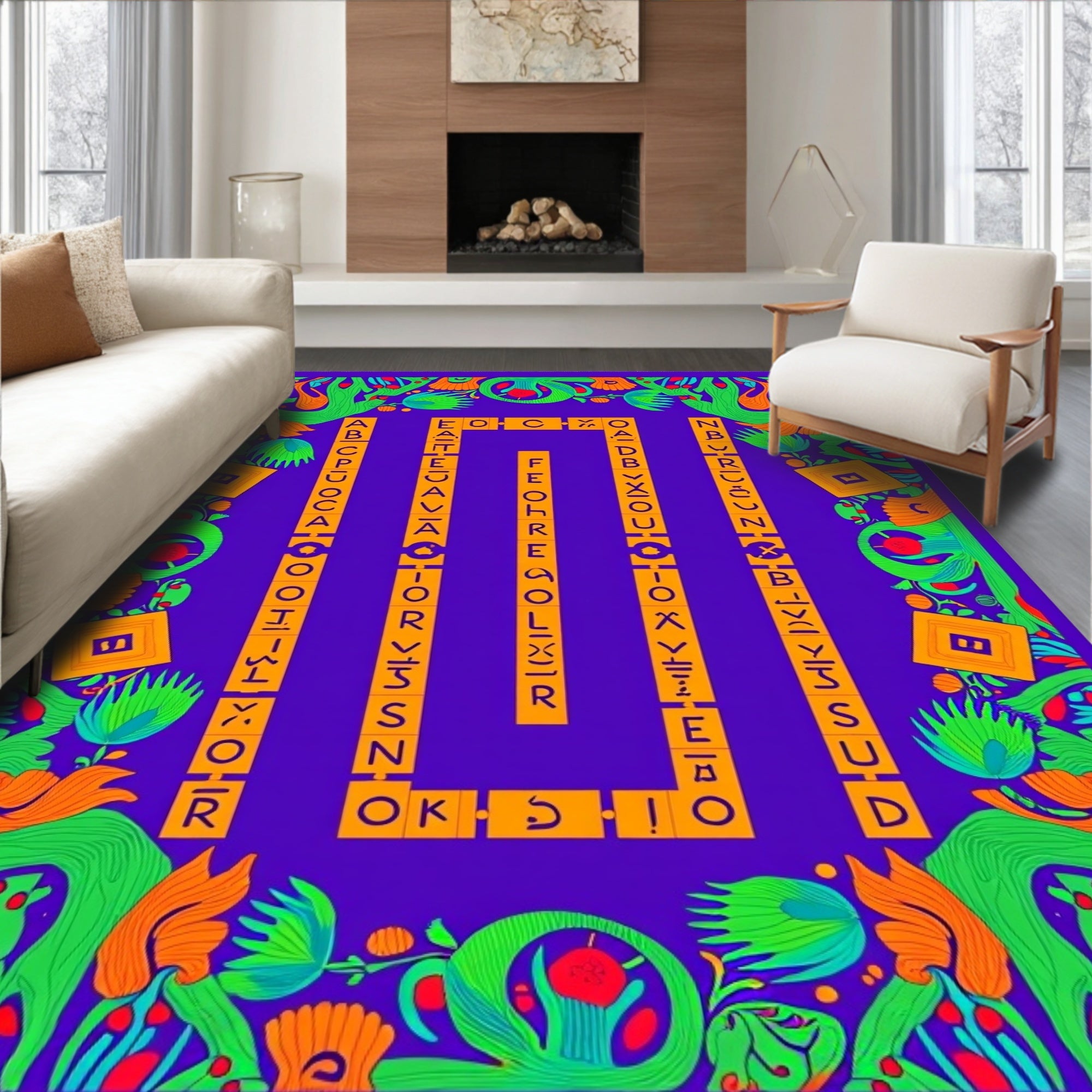 Vibrant Green Orange Purple Alphabet Border Rug
