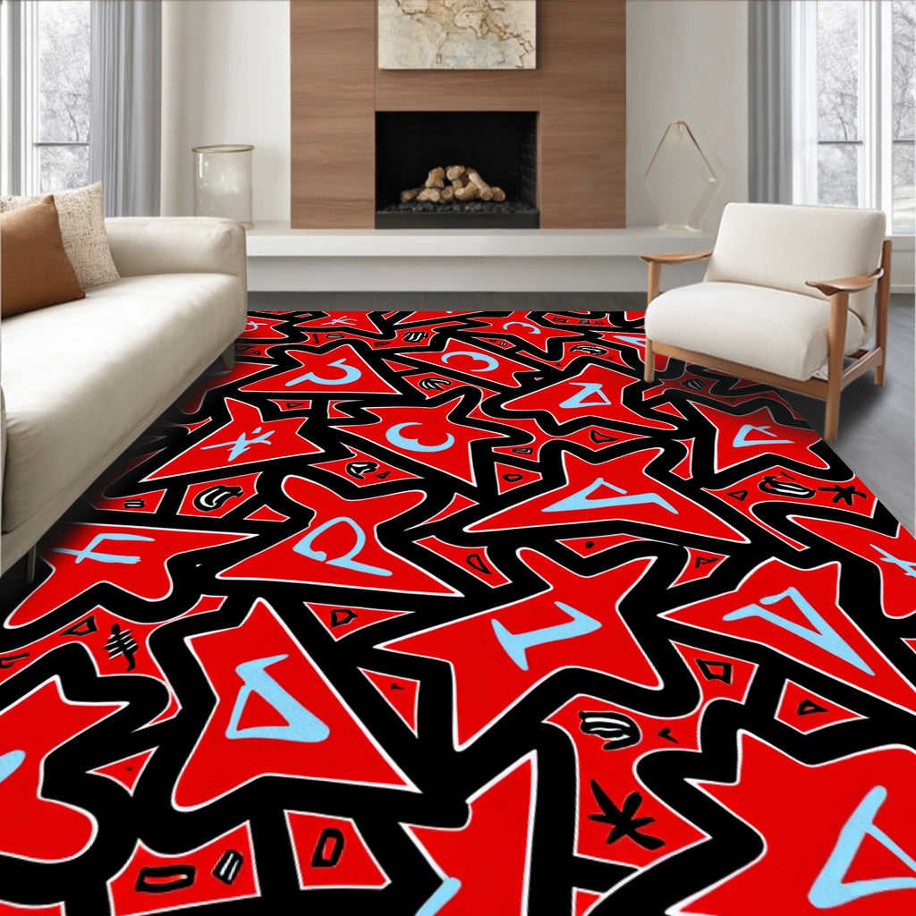 Bold Red Abstract Star Alphabet Rug