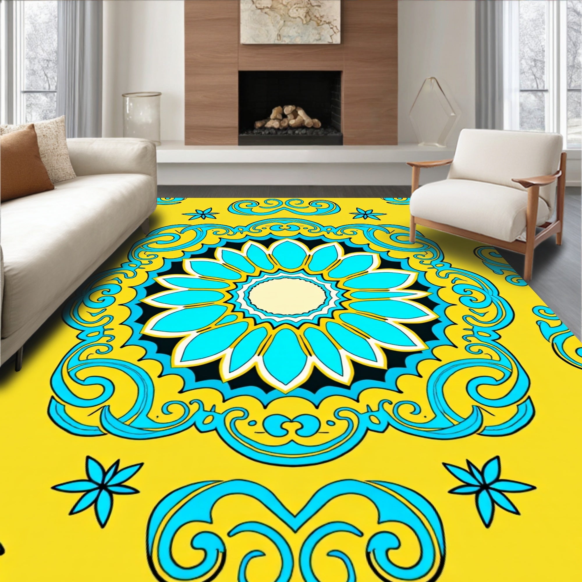 Vibrant Yellow Teal Floral Medallion Rug