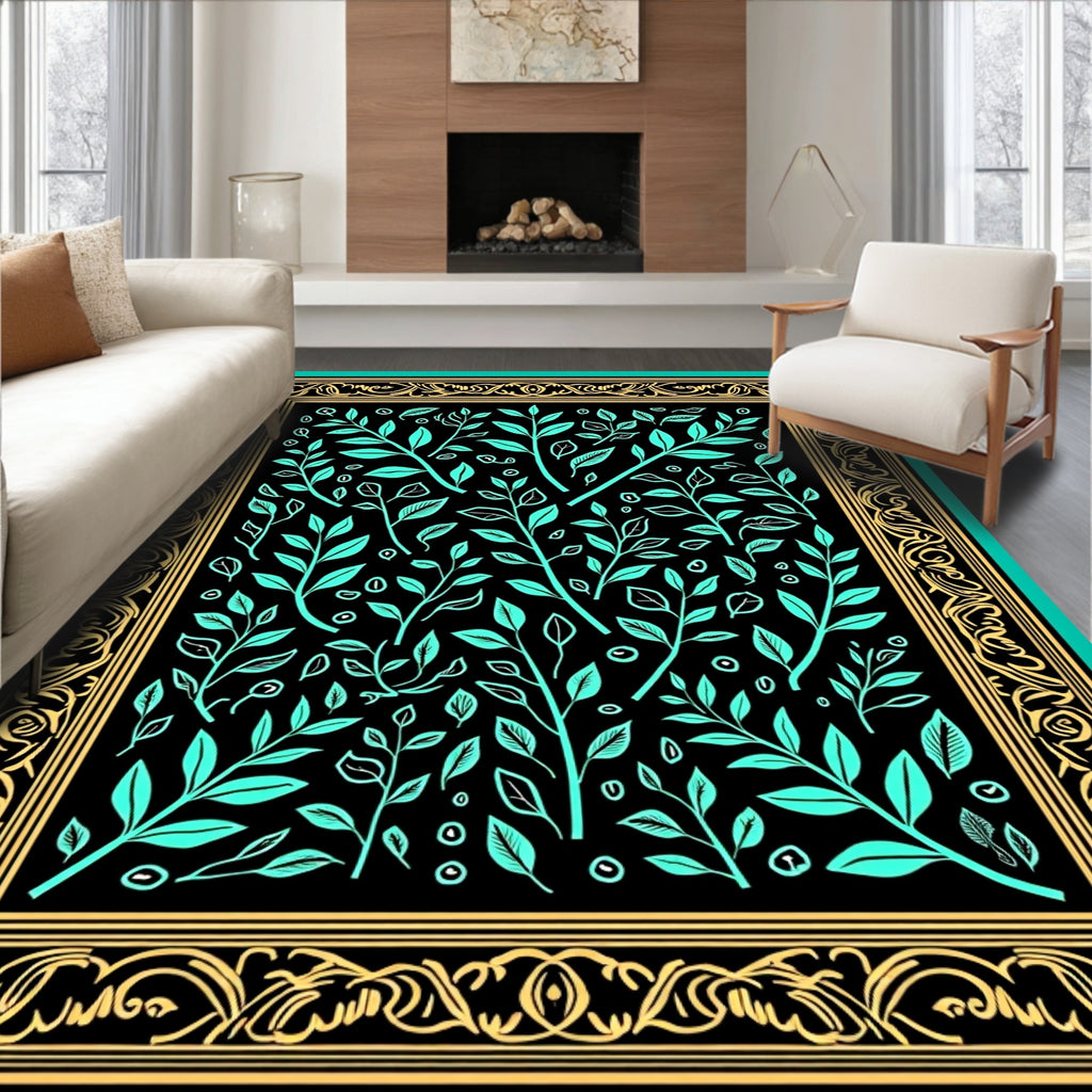 Turquoise and Gold Botanical Border Rug