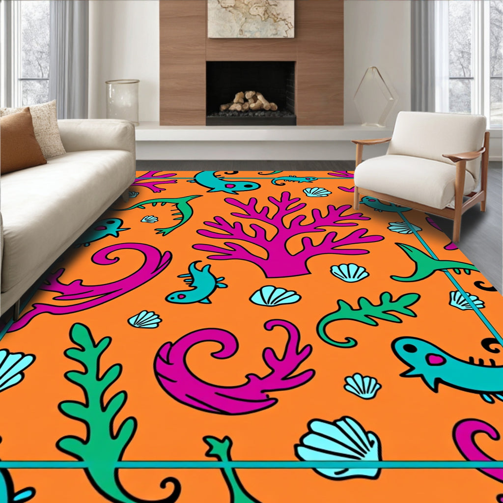 Playful Ocean Life Coral Orange Rug