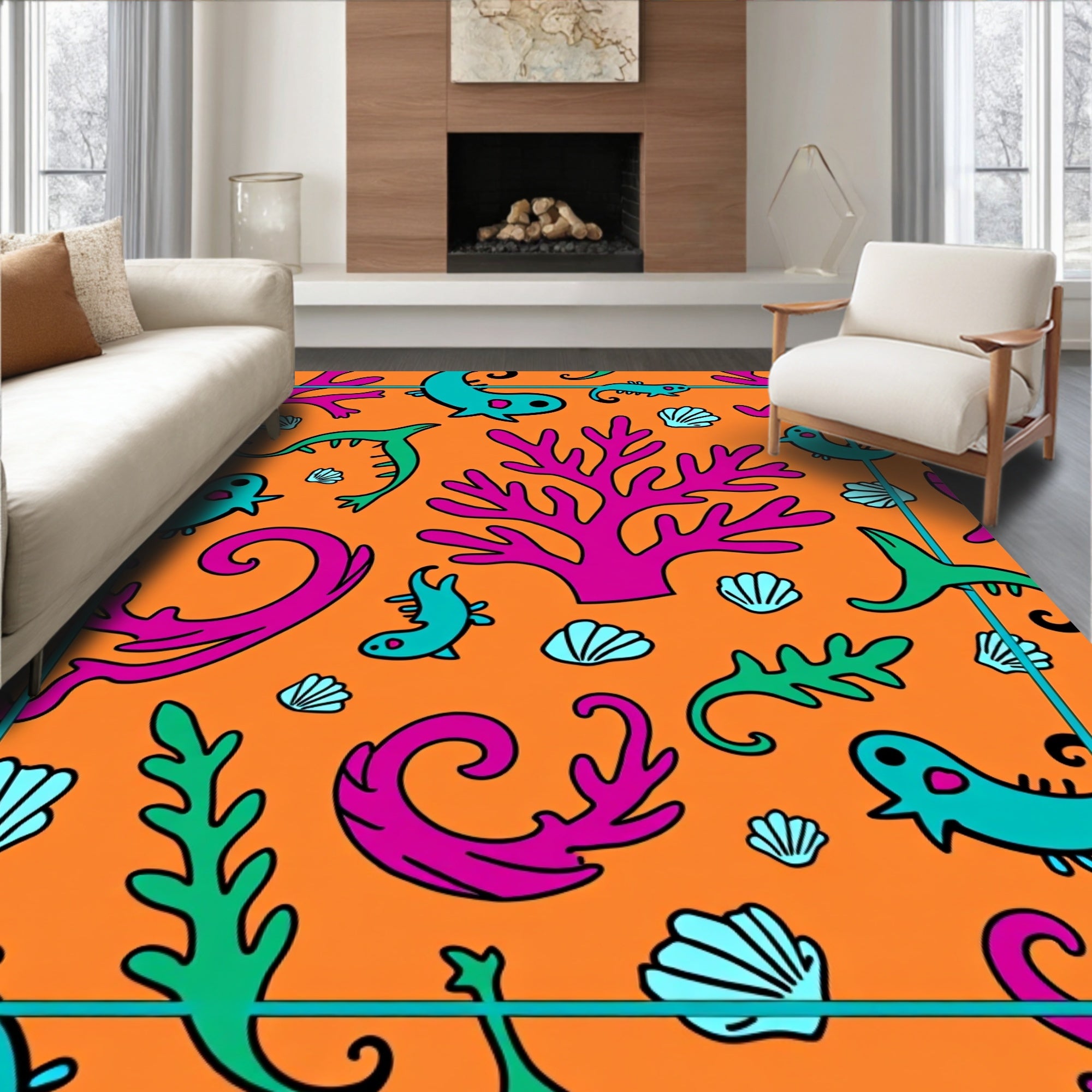 Playful Ocean Life Coral Orange Rug