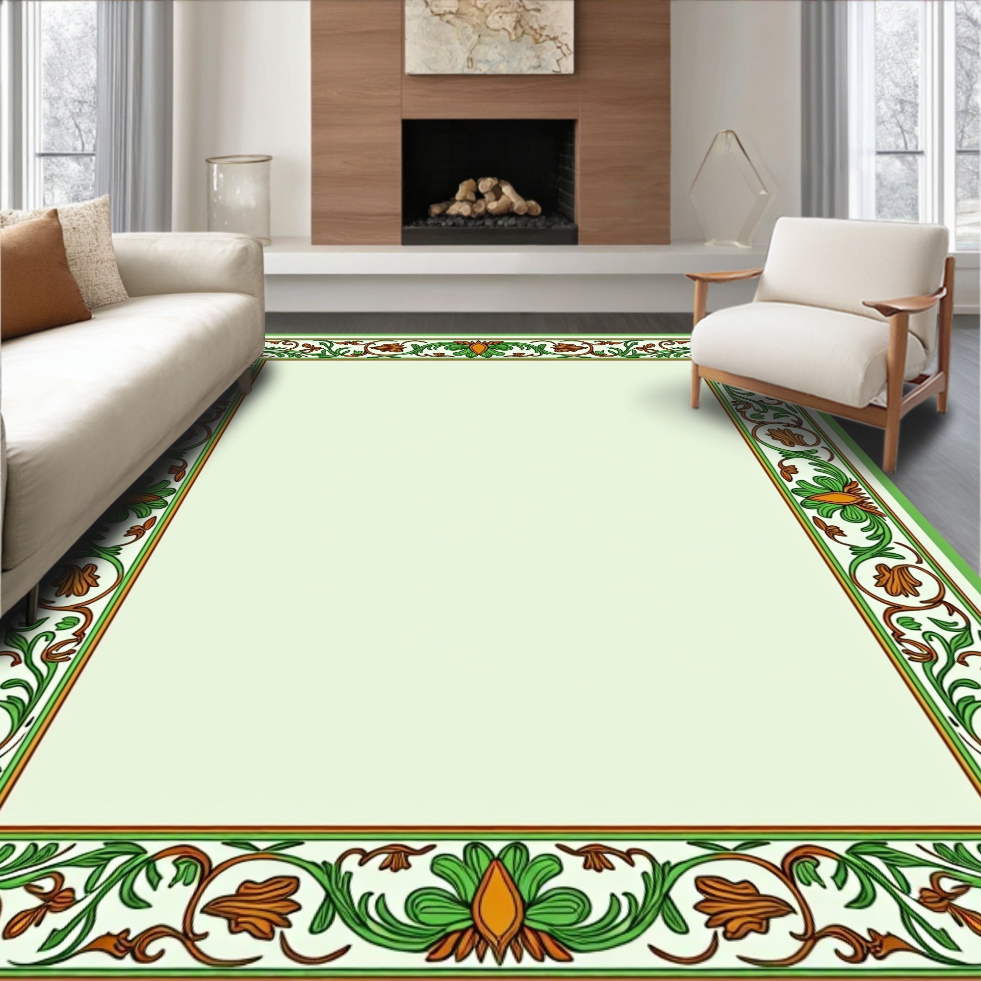 Verdant green floral border accent Rug