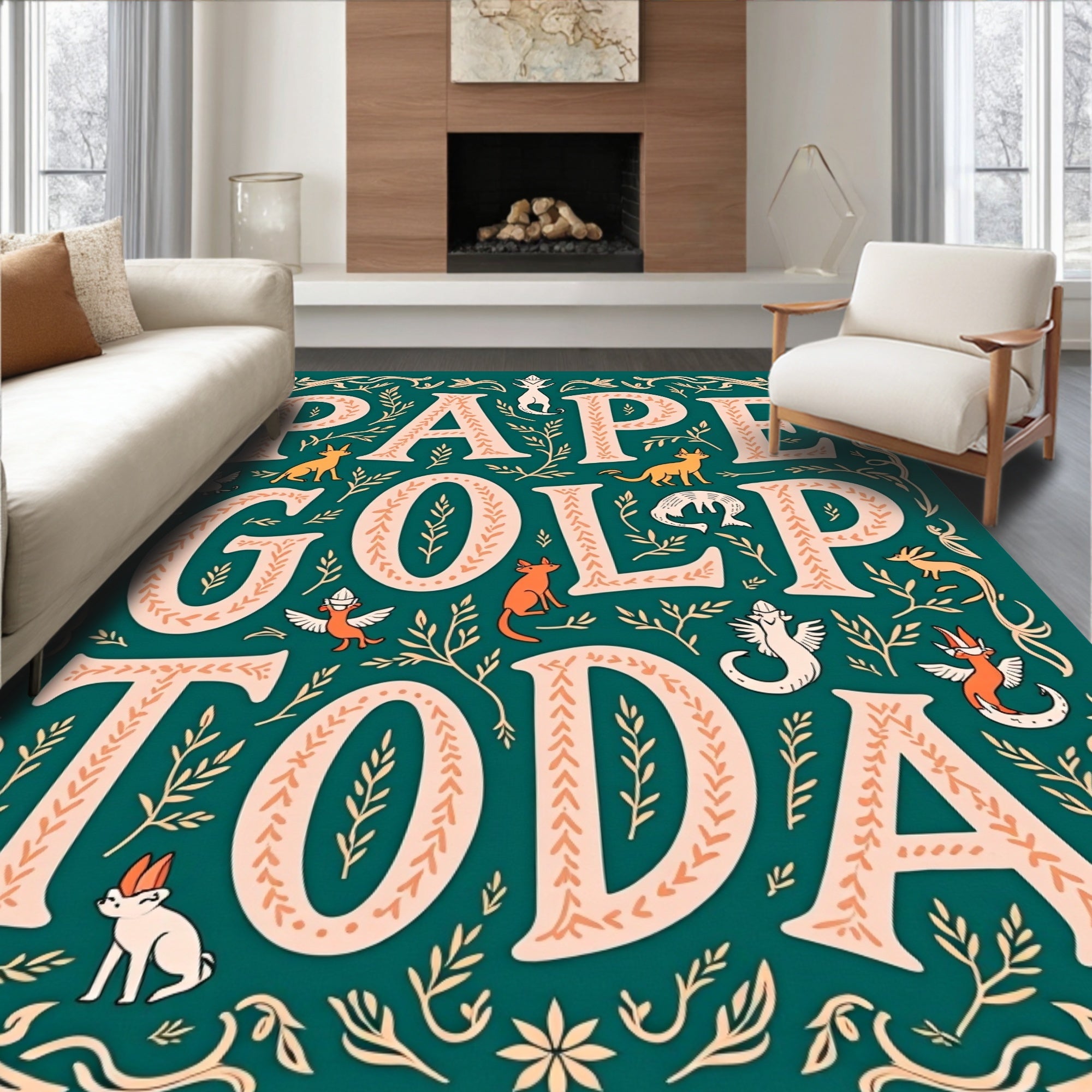 Whimsical Animal Vine Typography Rug