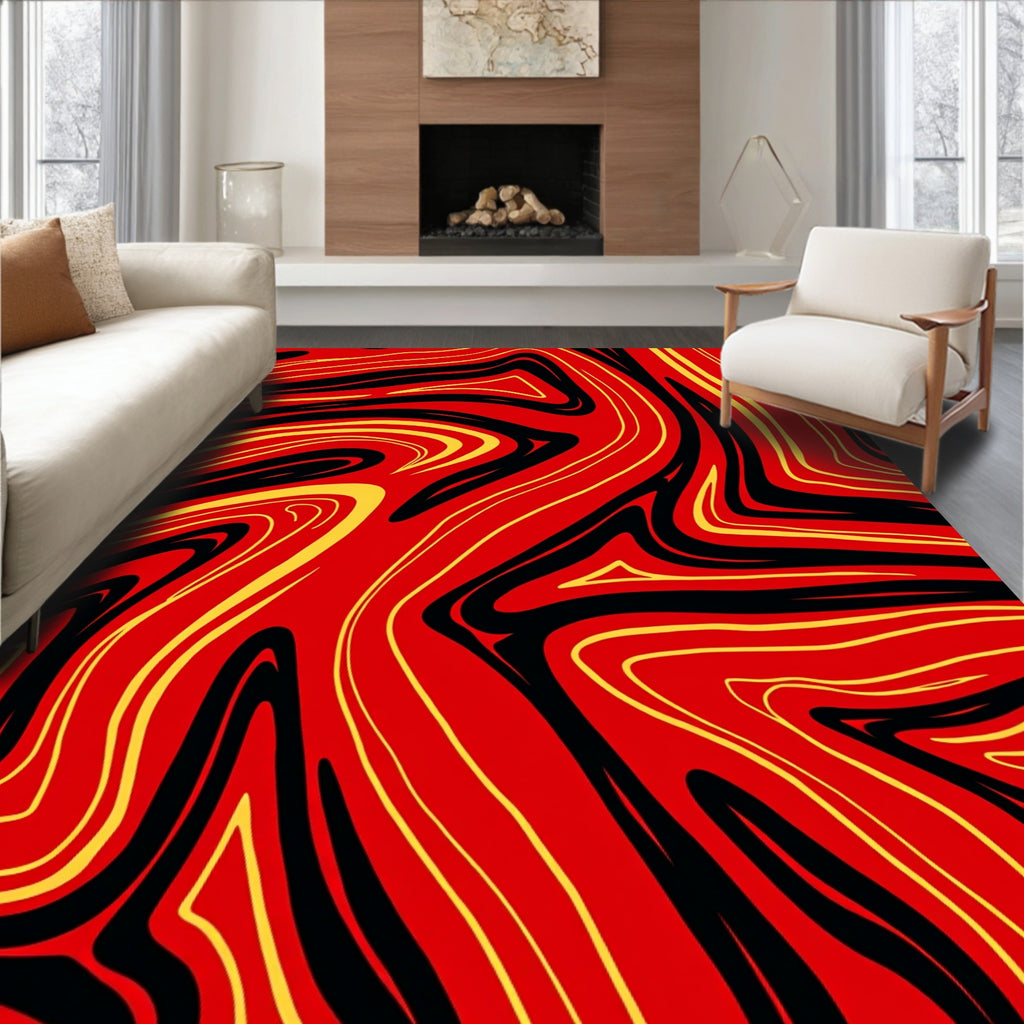 Crimson Yellow Black Swirl Abstract Rug
