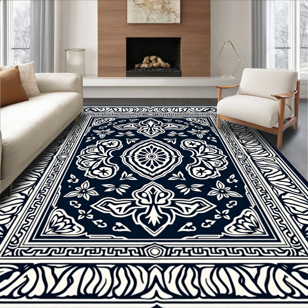 Classic Dark Blue Floral Medallion Rug