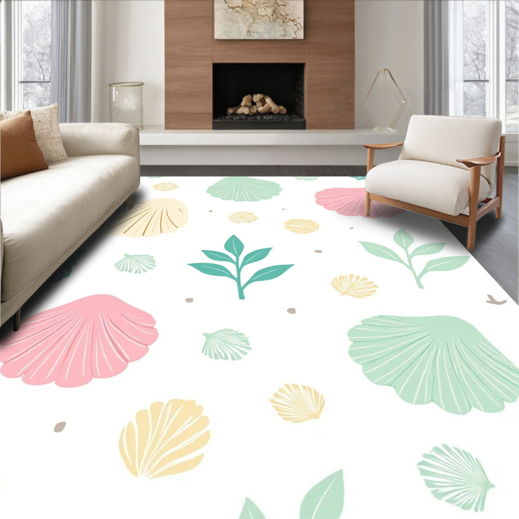 Pastel Seashell Foliage Scattered Arrangement Rug