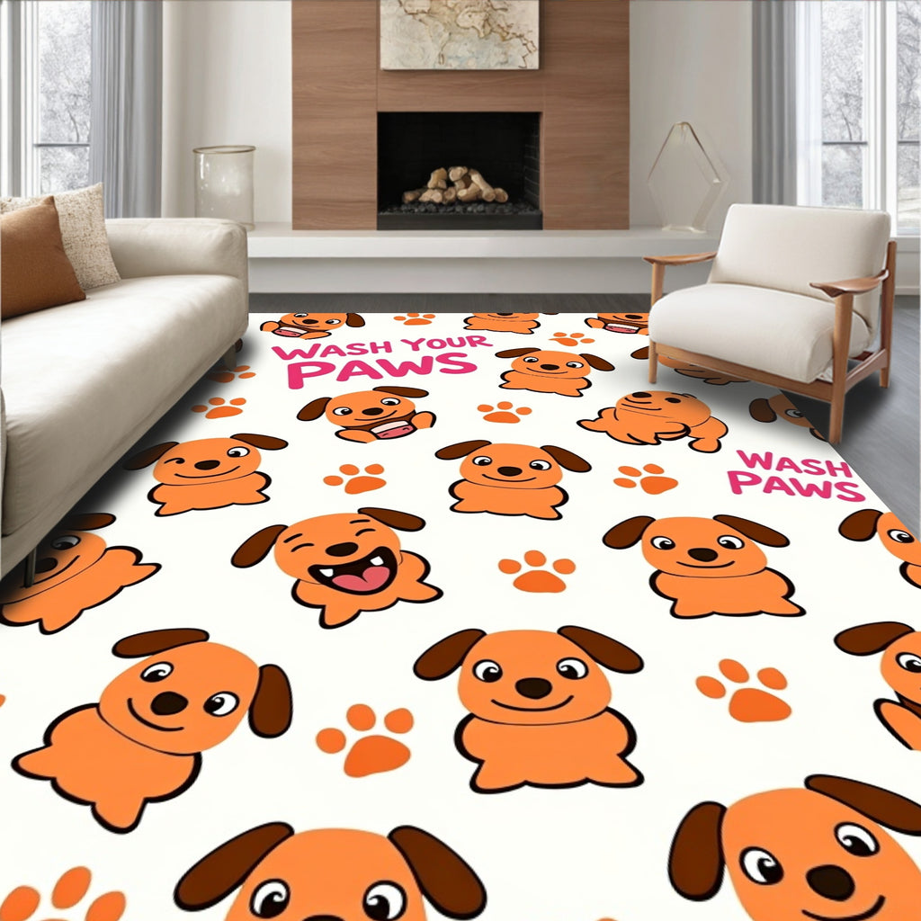 Playful Orange Dog Paw Print Collage Rug