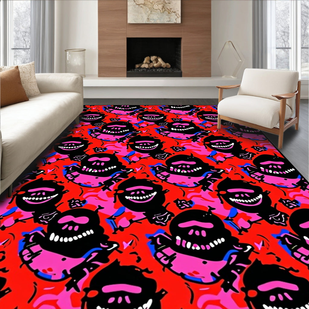 Grinning Skull Black Pink Red Repeat Rug
