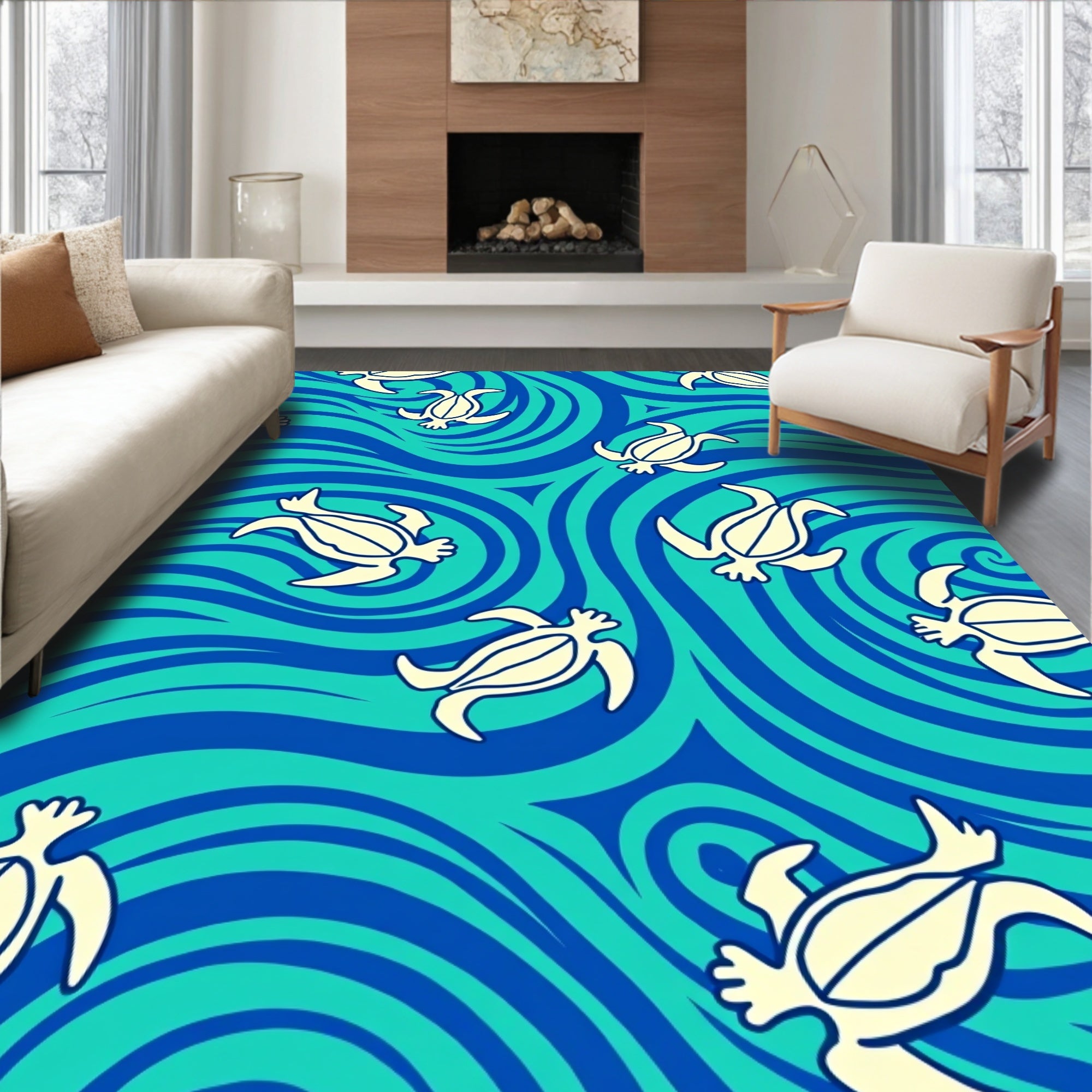 Sea Turtle Swirl Aqua Blue Rug