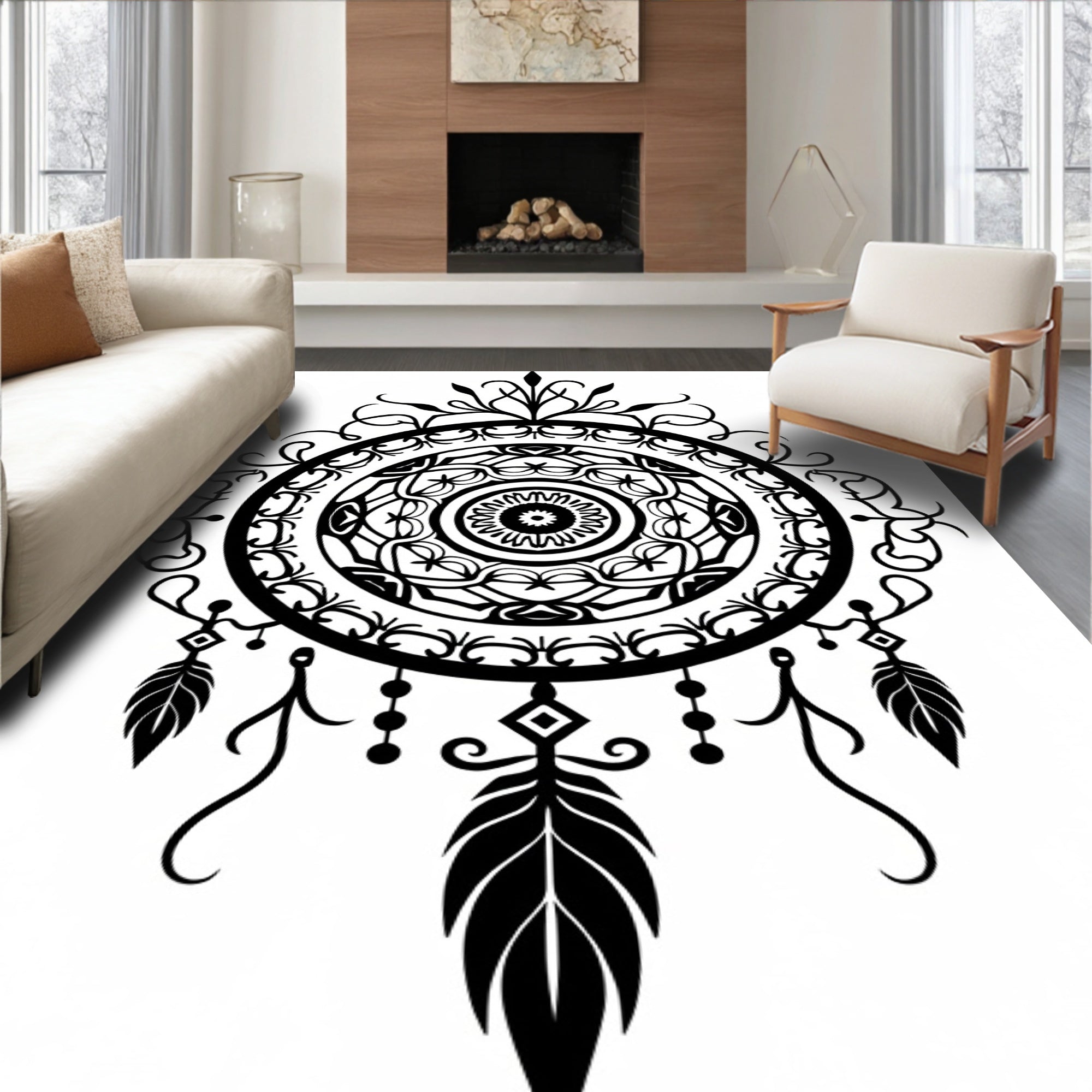 Ornate Black Mandala Dream Catcher Rug