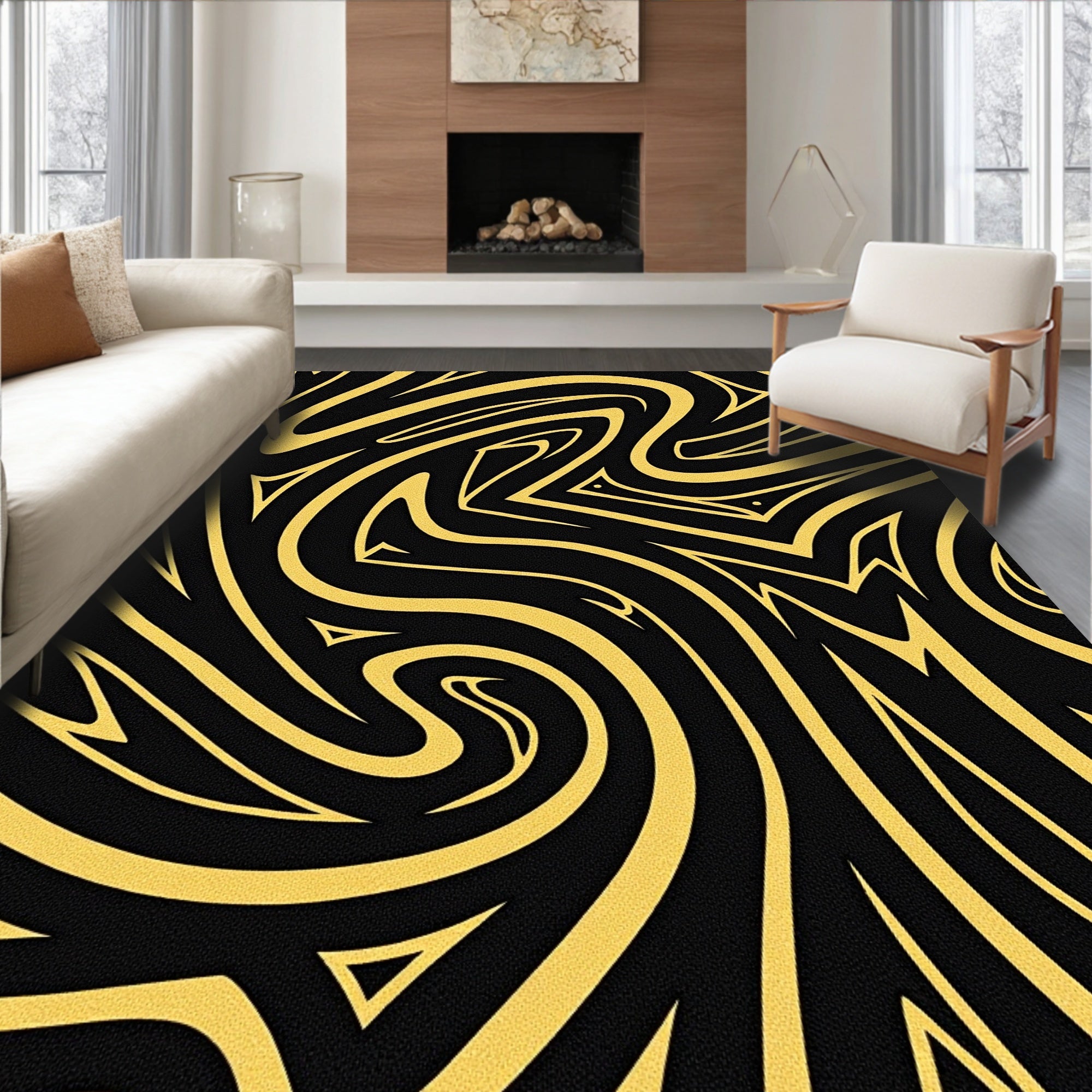 Bold Yellow Swirl Abstract Rug