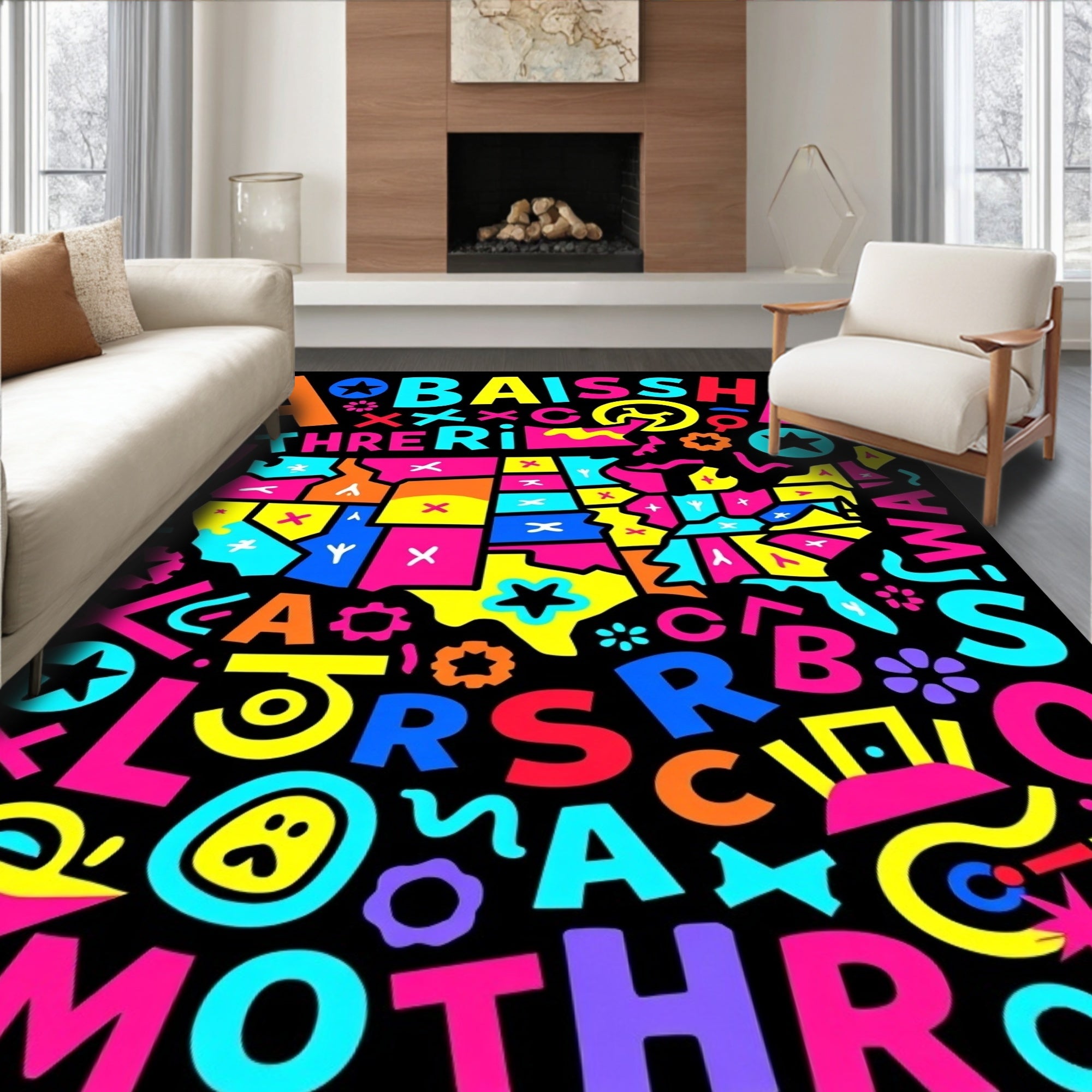 Colorful Abstract USA Map Alphabet Rug