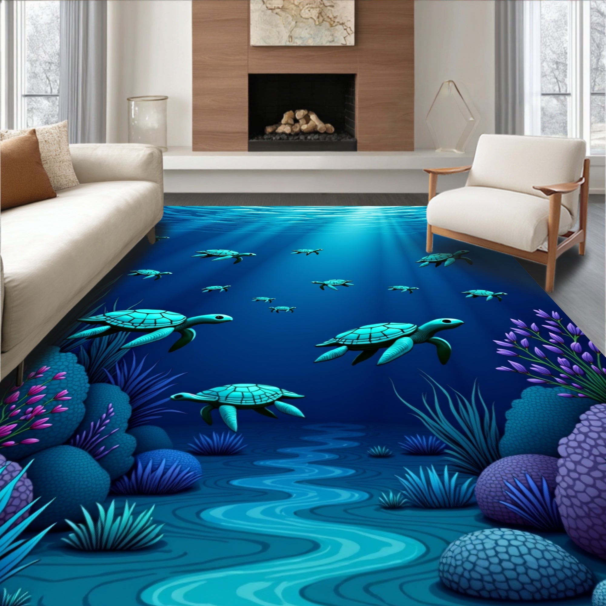 Oceanic Blue Sea Turtle Turtles Scene Rug