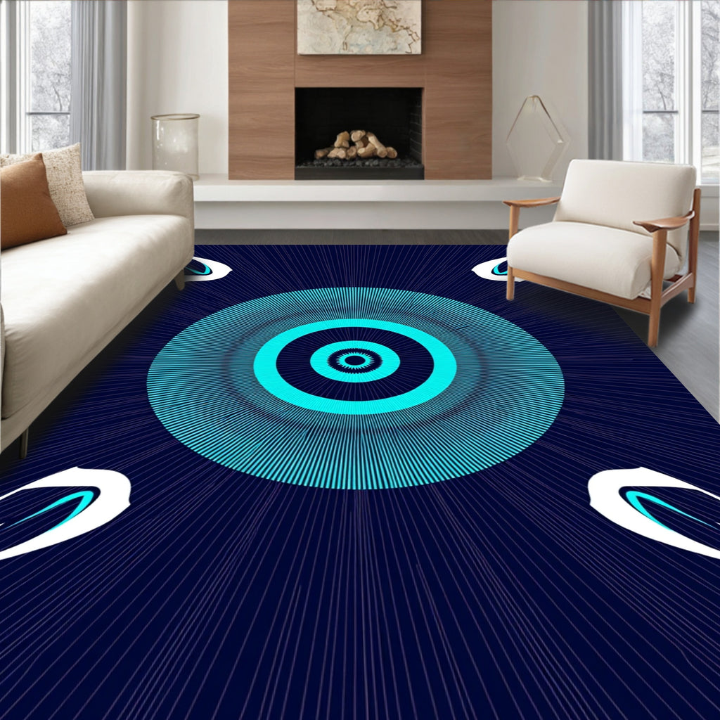 Cyan Concentric Circles White Petals Rug