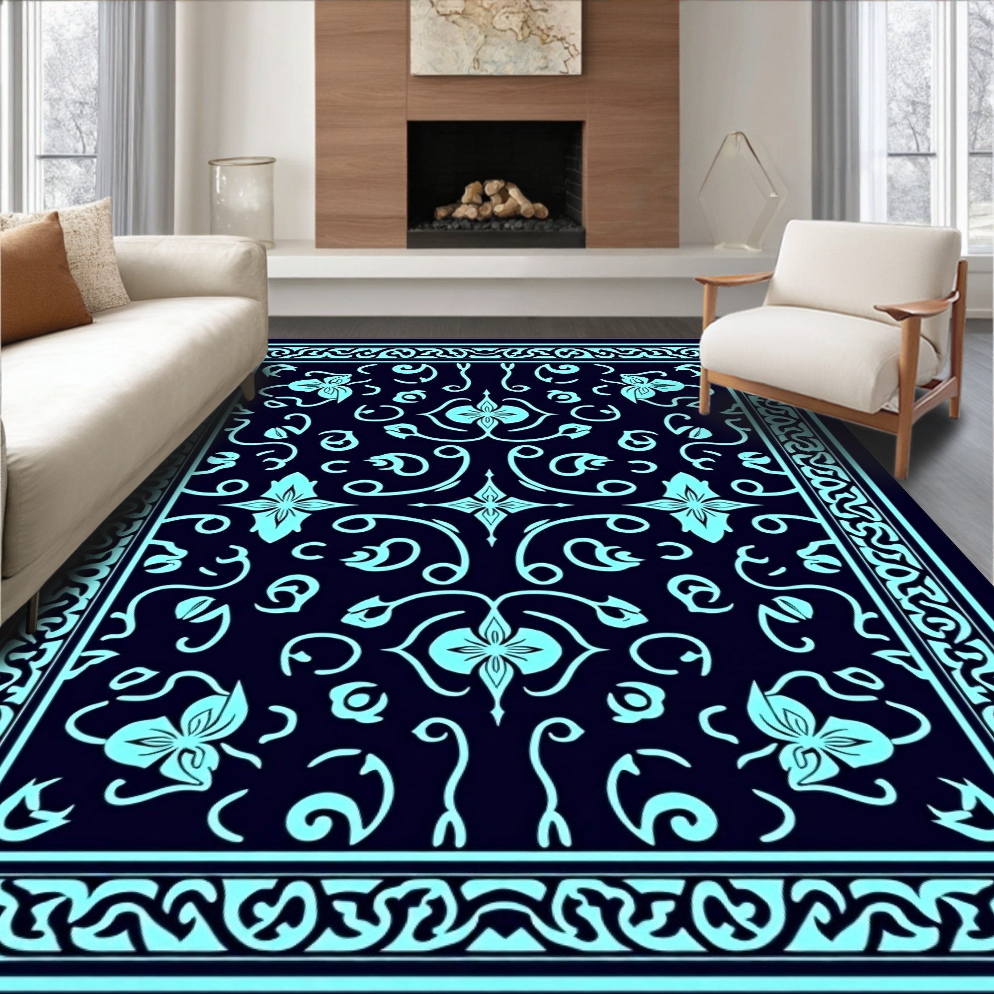 Teal Floral Bordered Dark Blue Rug
