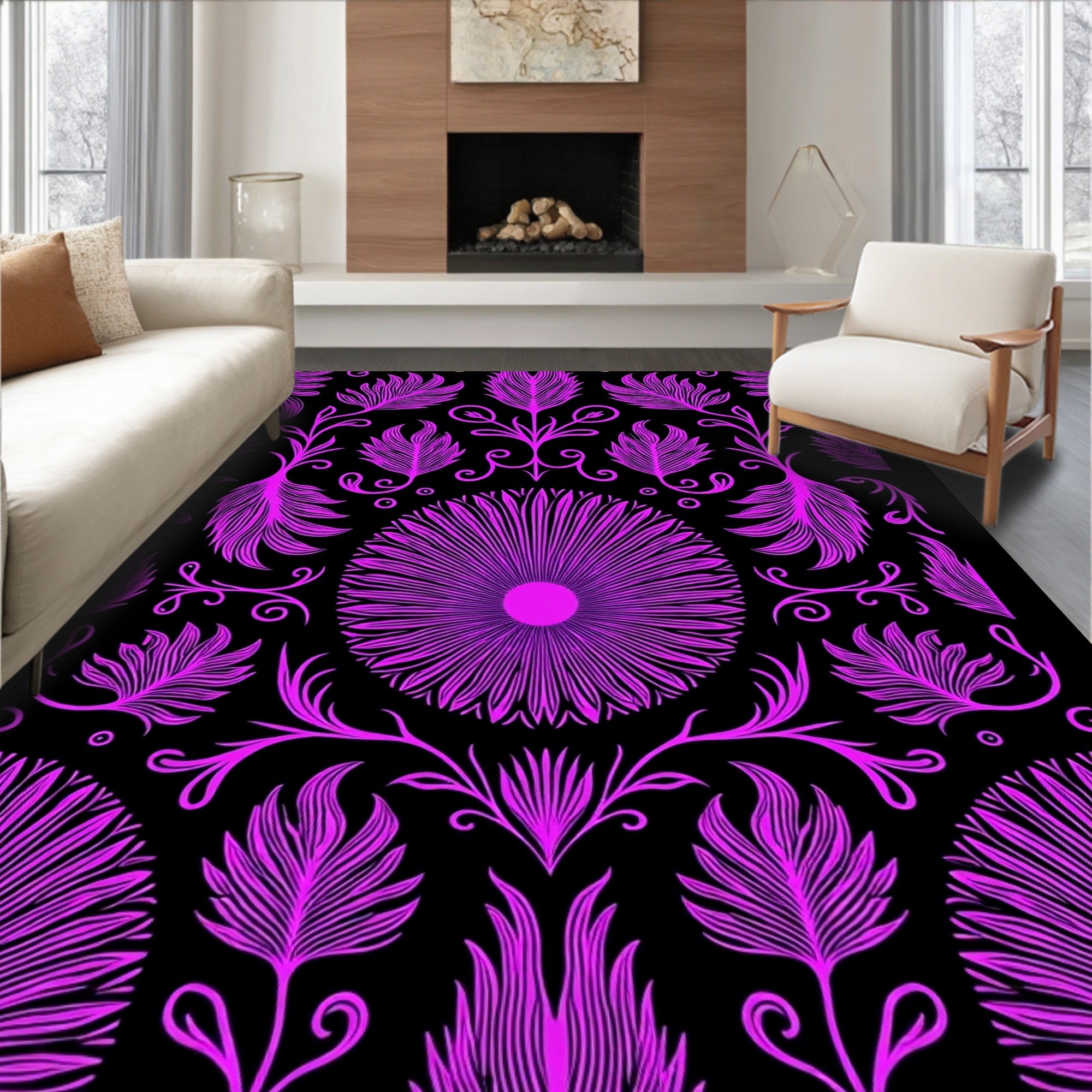 Vibrant Pink Floral Crested Sunburst Rug