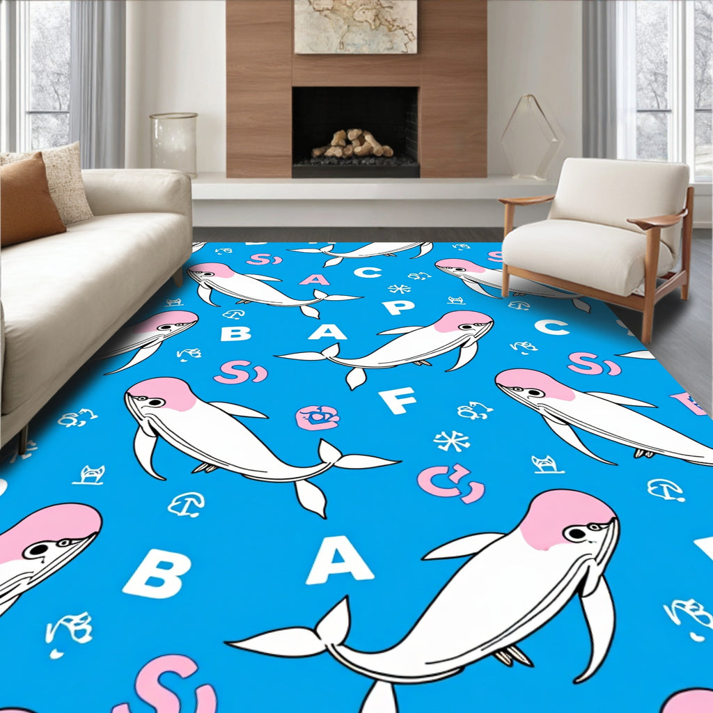Whimsical White Pink Whale Alphabet Rug