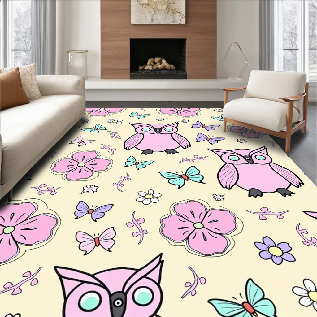 Pink Owls Butterflies Floral Meadow Rug