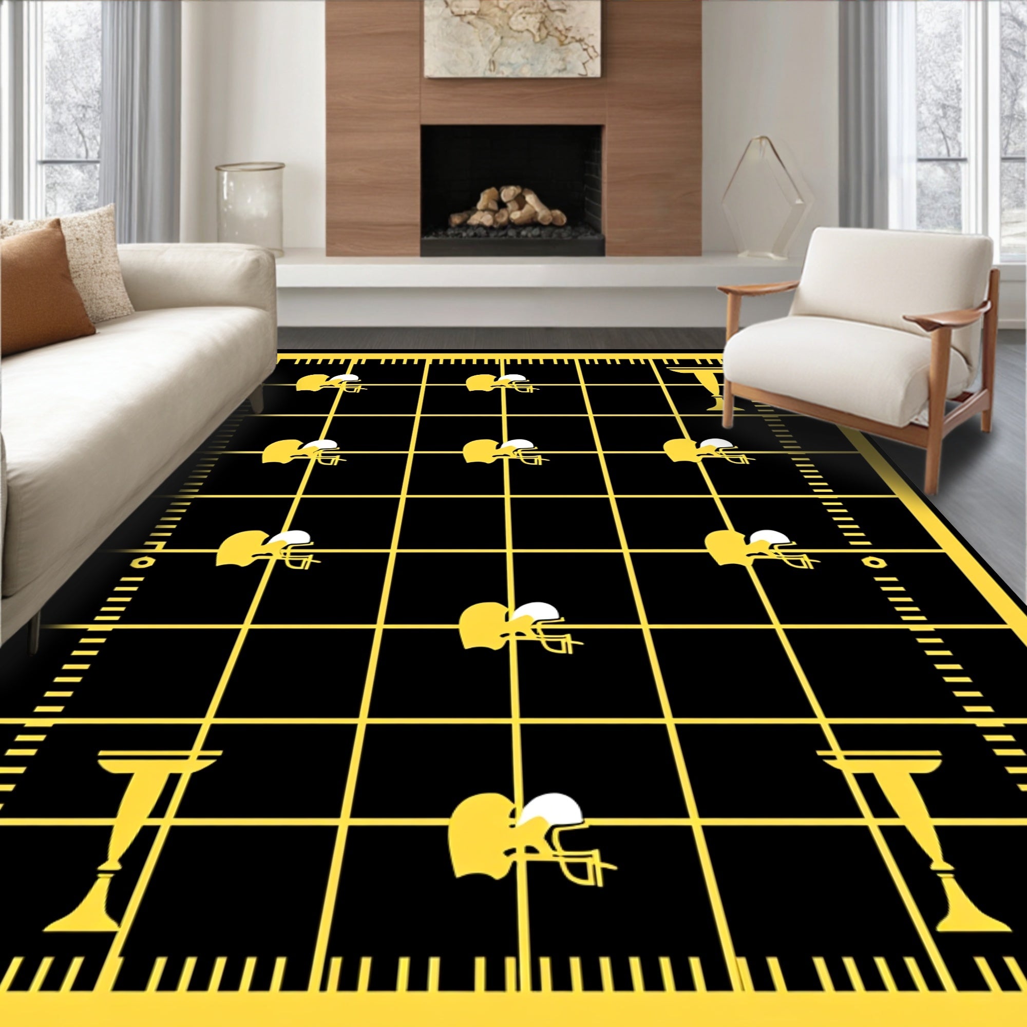 Black Yellow Football Grid Trophy Rug