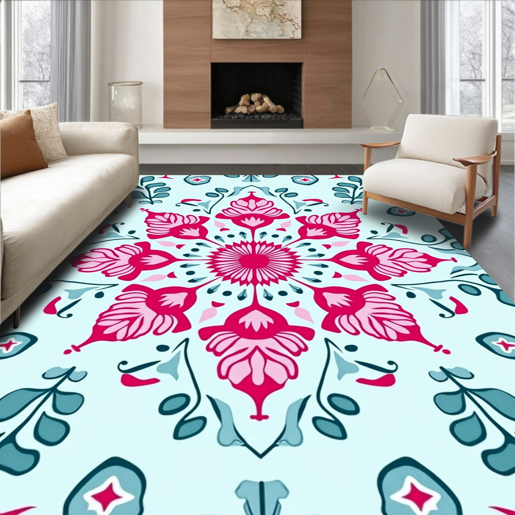 Vibrant Fuchsia Floral Mandala Teal Rug