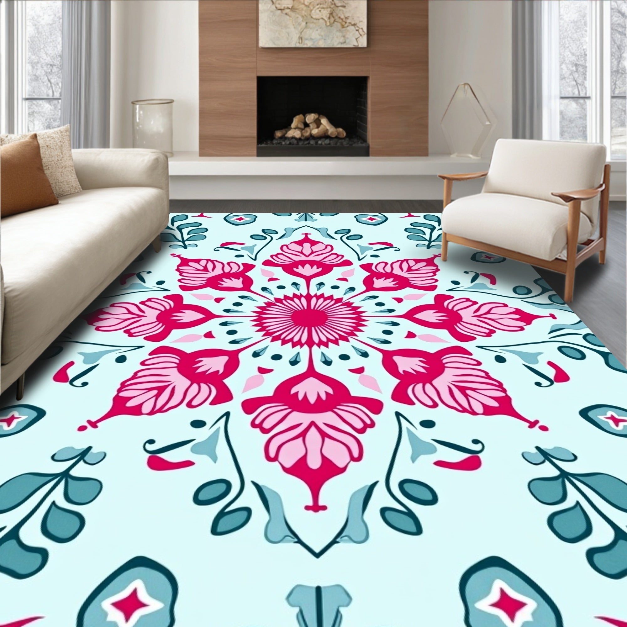 Vibrant Fuchsia Floral Mandala Teal Rug