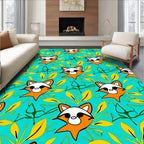 Cute Orange Raccoon Turquoise Leafy Garden Rug