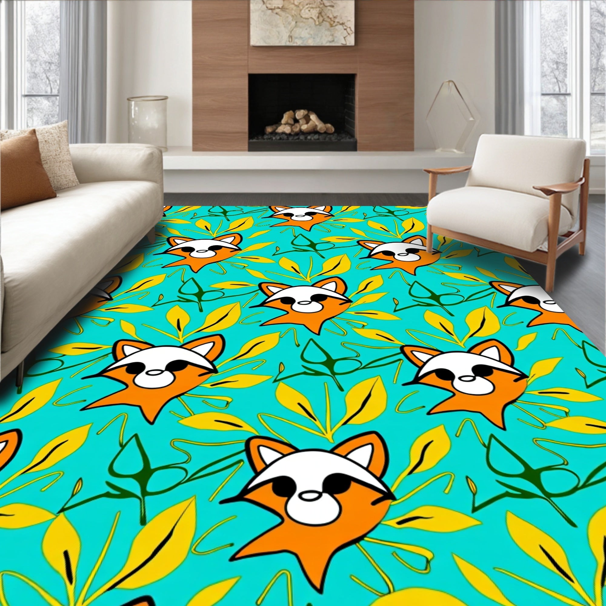 Cute Orange Raccoon Turquoise Leafy Garden Rug