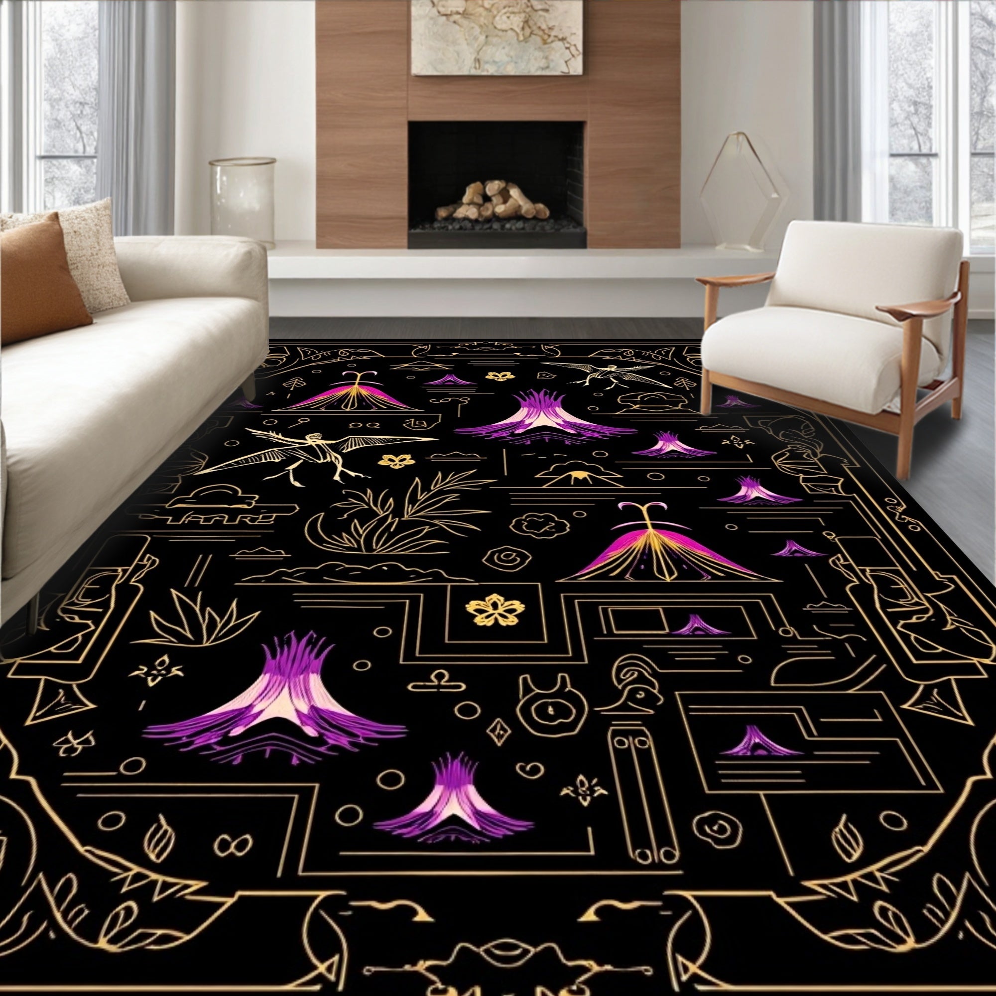 Golden Floral Dino Landscape Rug