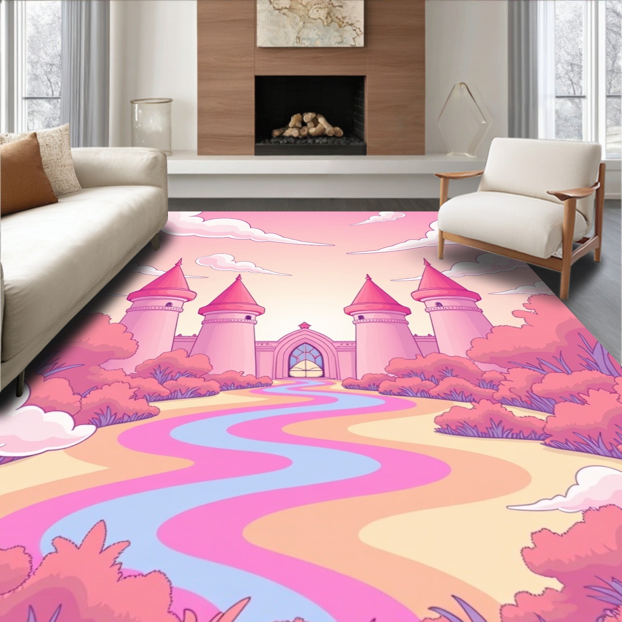 Whimsical Pink Castle Rainbow Path Rug
