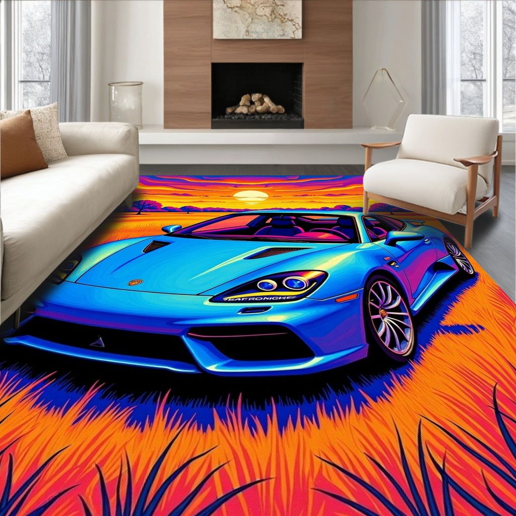 Vivid Blue Sports Car Sunset Landscape Rug