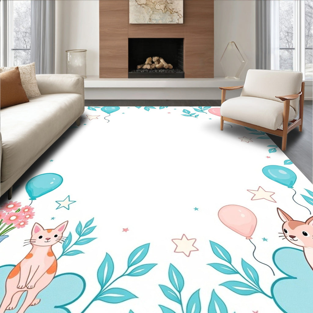 Playful Kittens Balloons Floral Branches Rug