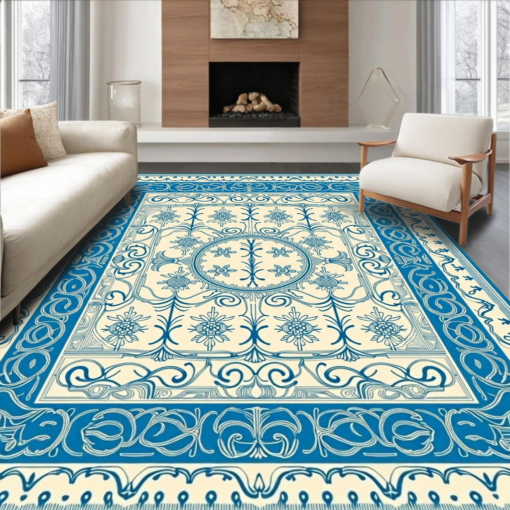 Ornate Blue Cream Floral Medallion Rug