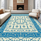 Ornate Blue Cream Floral Medallion Rug