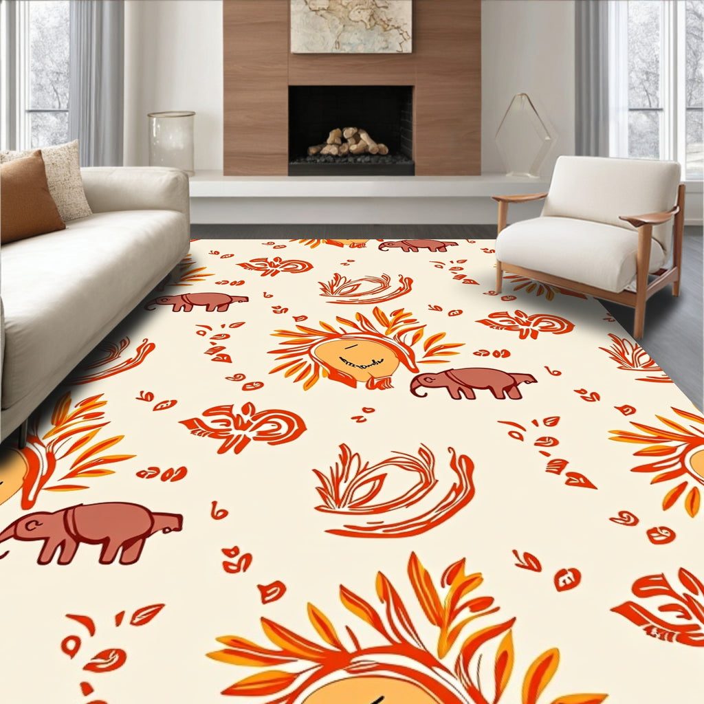 Playful Elephant Lion Sunny Orange Medley Rug