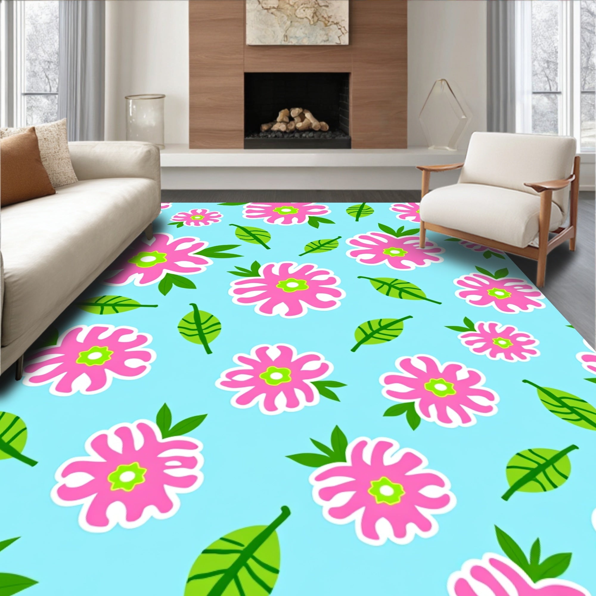 Pink Floral Bright Blue Gardenrug Rug