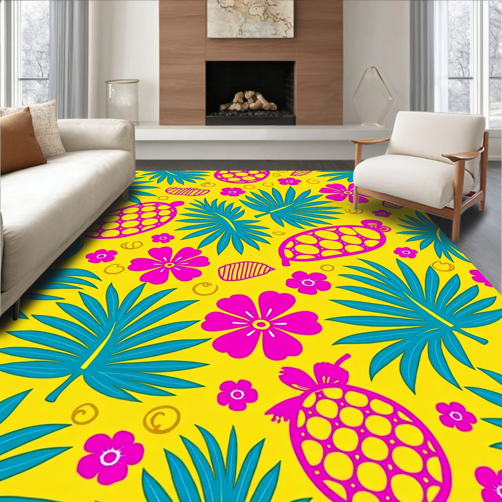 Vibrant Pink Pineapple Tropical Leaves Rug
