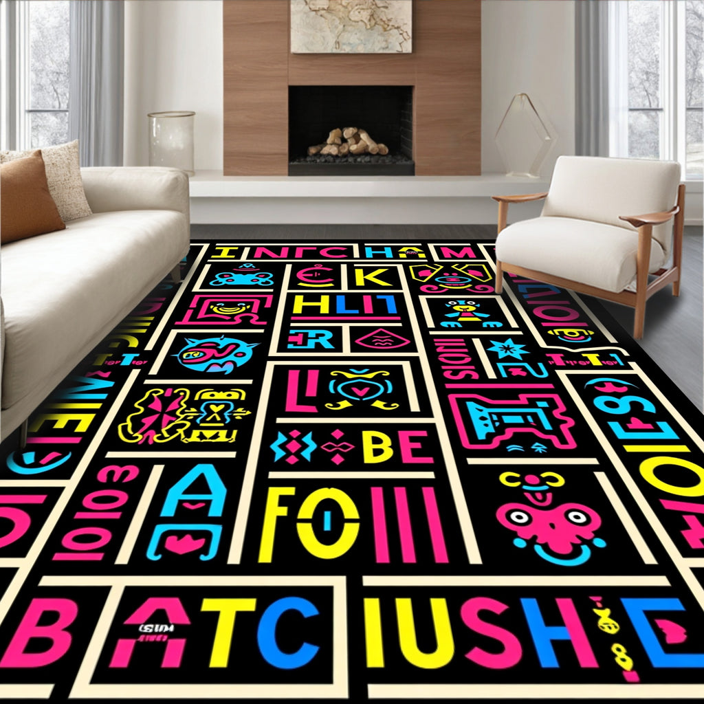Bold Neon Alphabet Characters Collage Rug