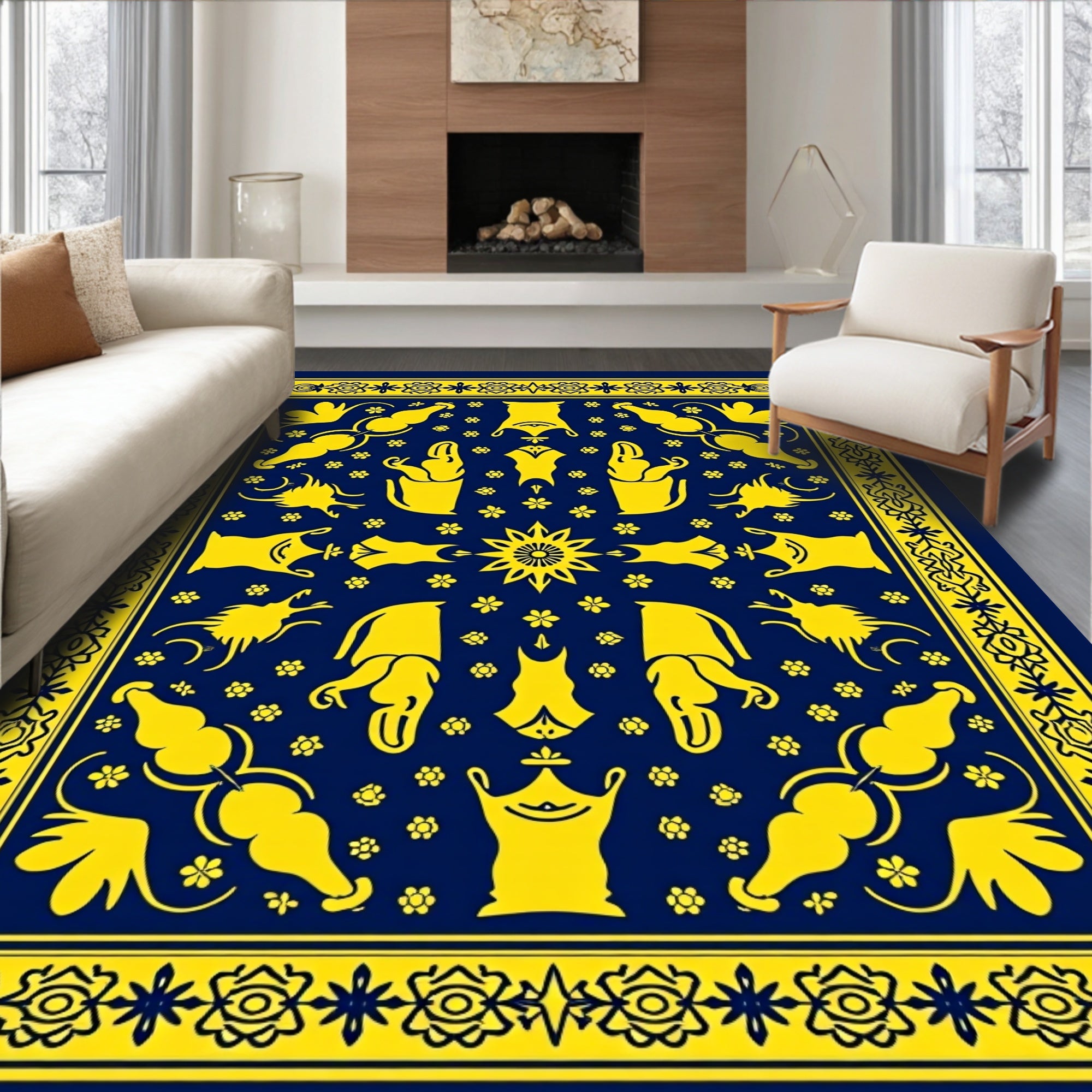 Bold Yellow Elephant Folk Art Rug