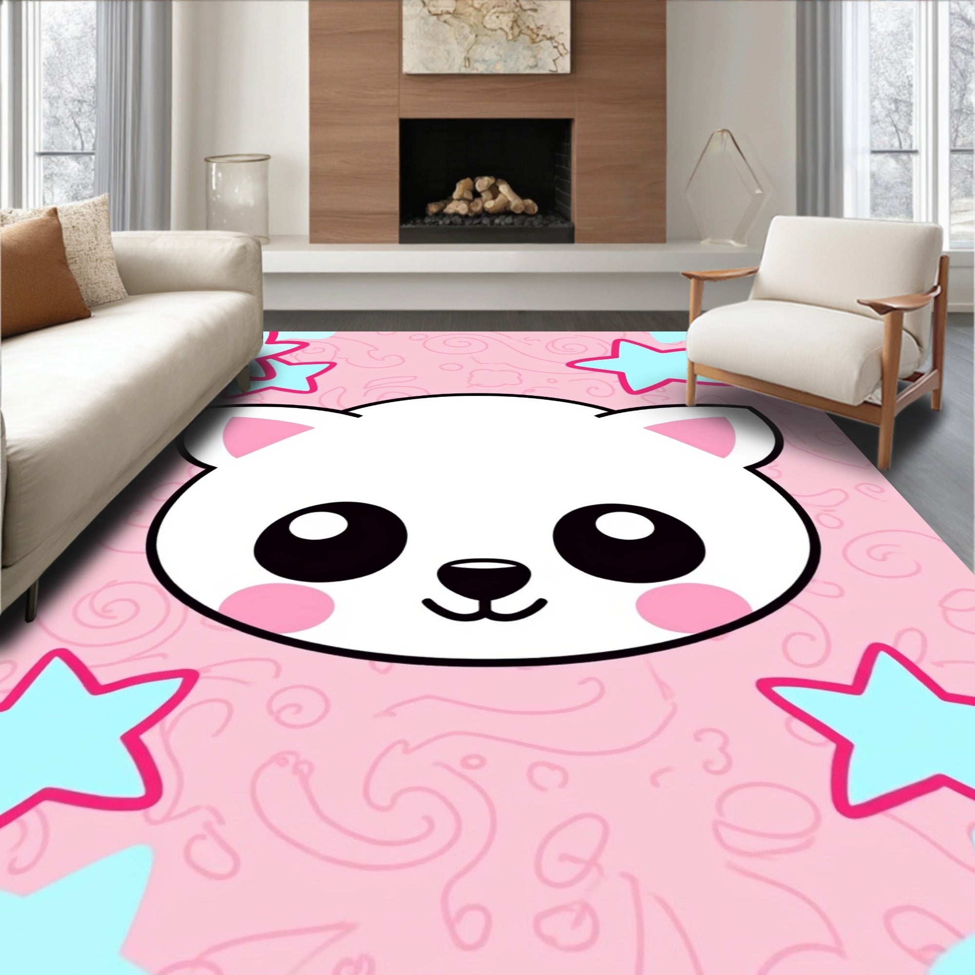 Cute Pink Kawaii Cat Stars Rug