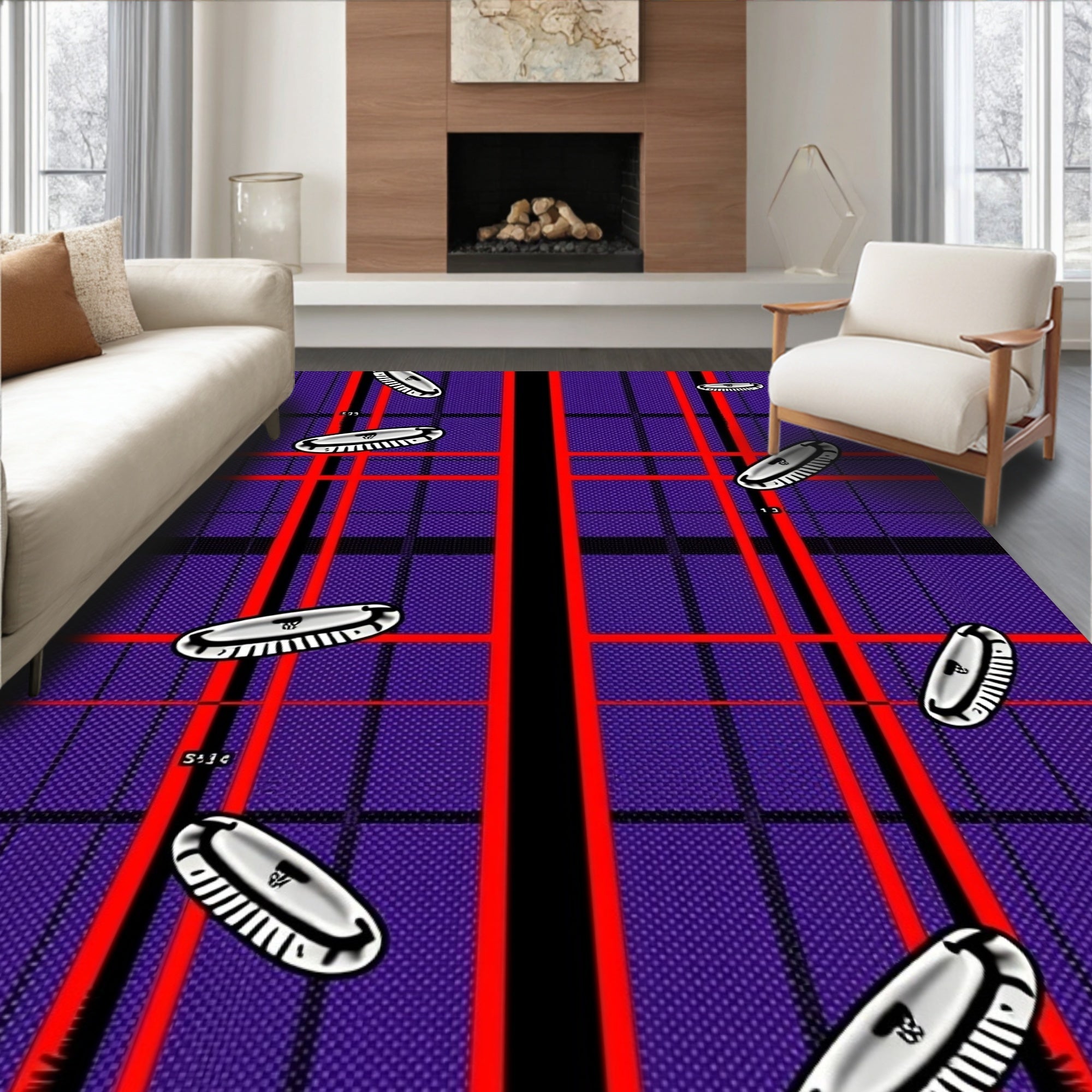 Vibrant Purple Red Plaid Oval Rug