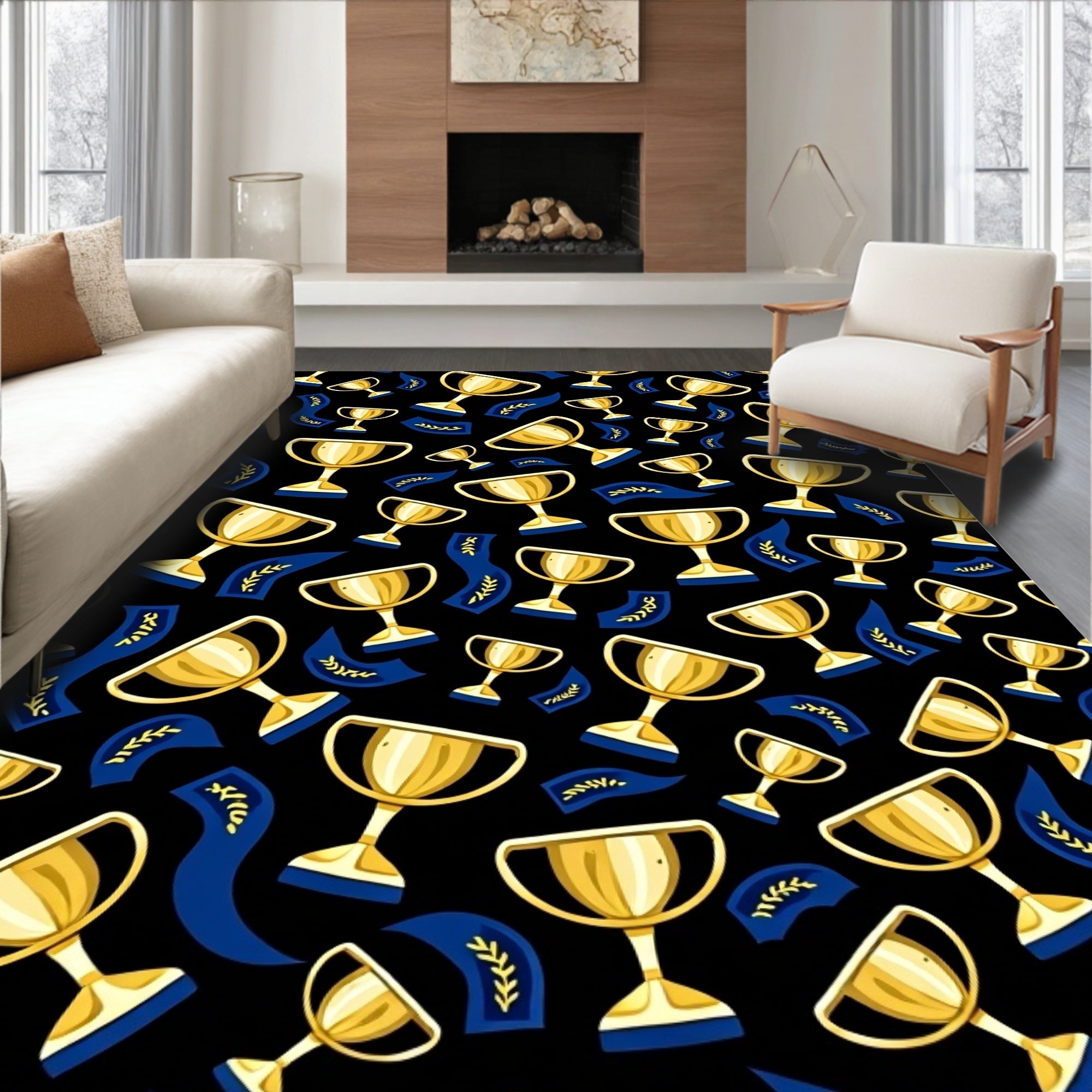 Golden Trophies Blue Ribbons Rug
