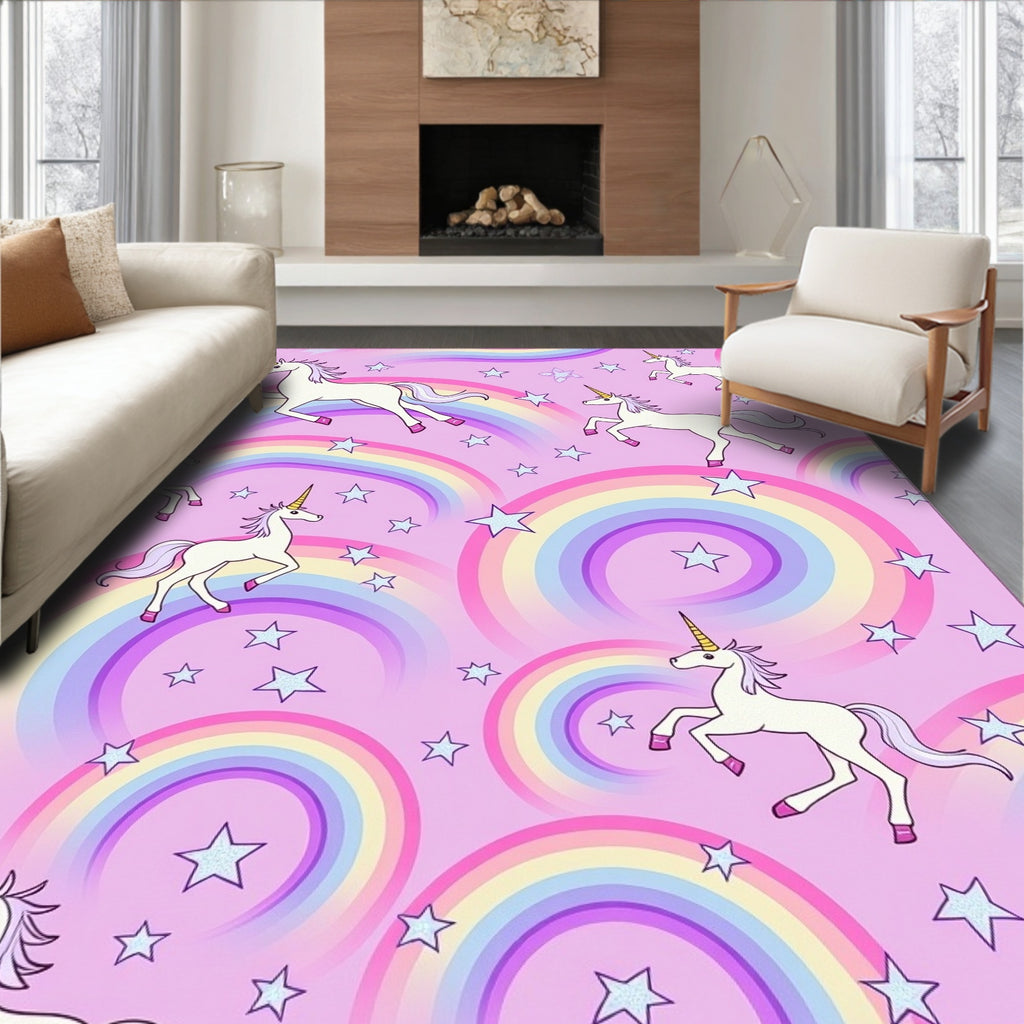 Whimsical Unicorn Rainbow Stars Rug
