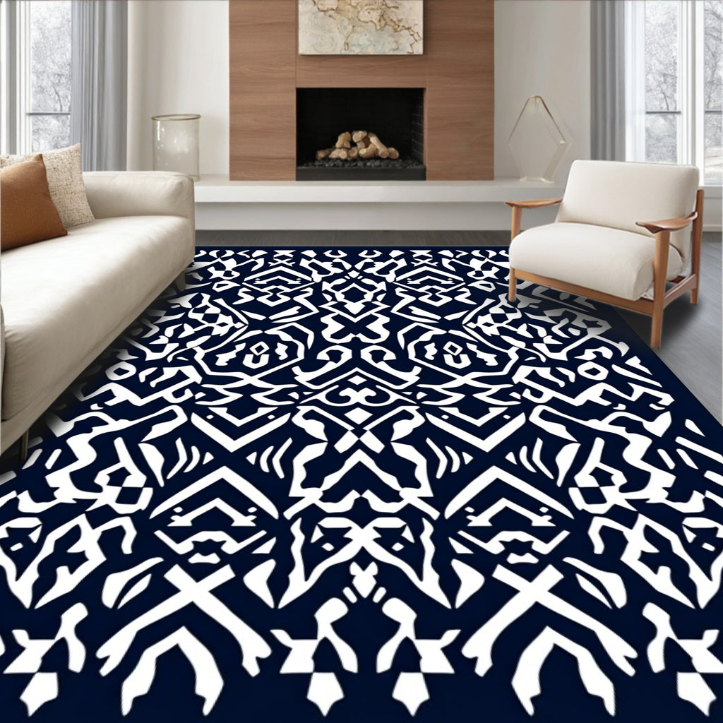 Navy White Tribal Intricate Geometric Rug