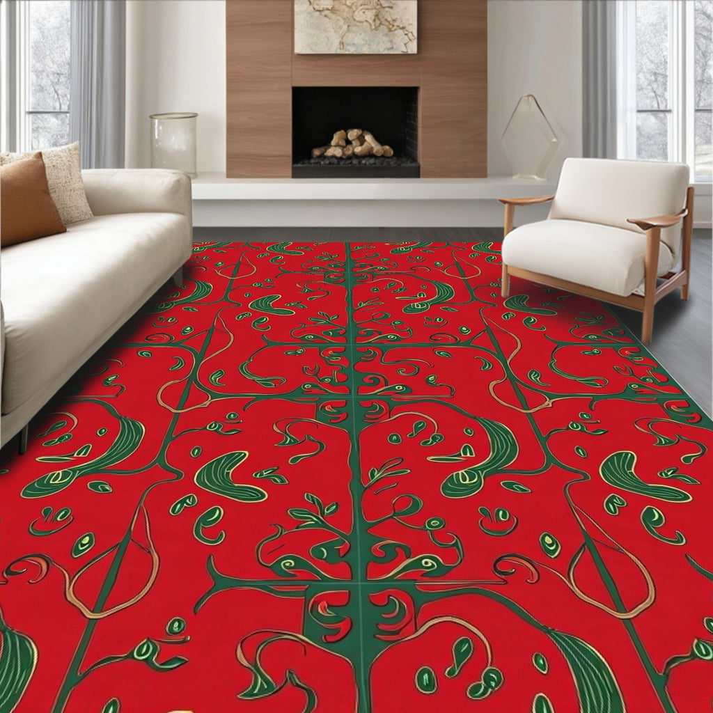 Red green ornate botanical vine Rug