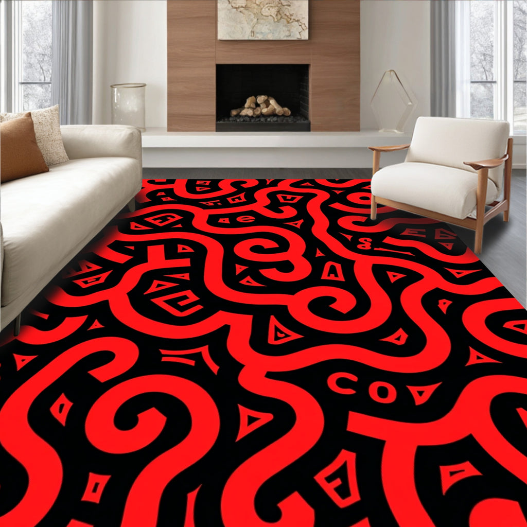 Bold Red Abstract Swirl Alphabet Rug
