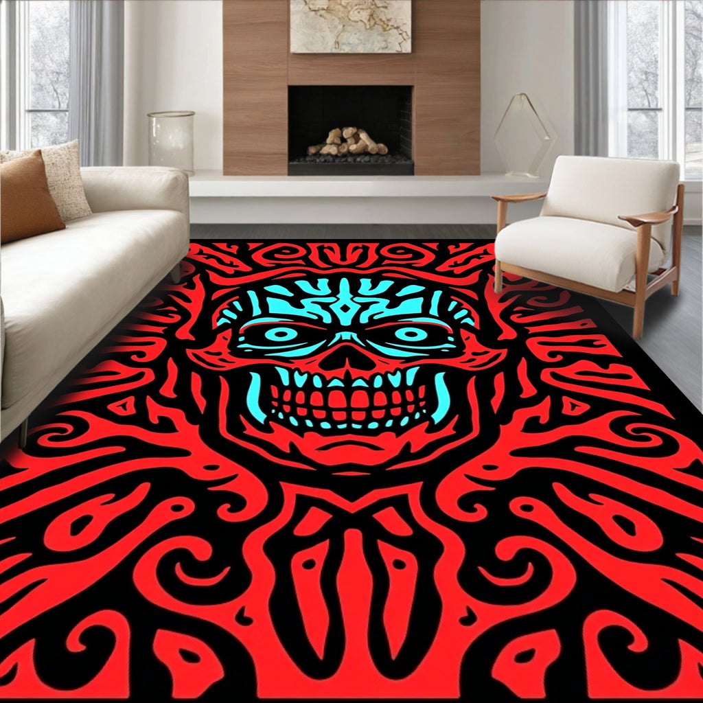 Fiery Red Cyan Skull Swirls Rug