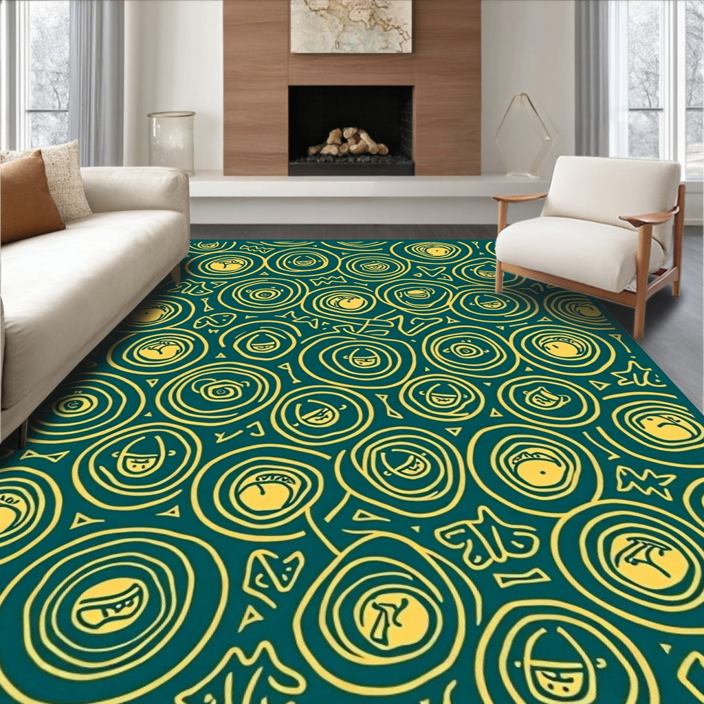 Yellow Faces Spiral Teal Rug