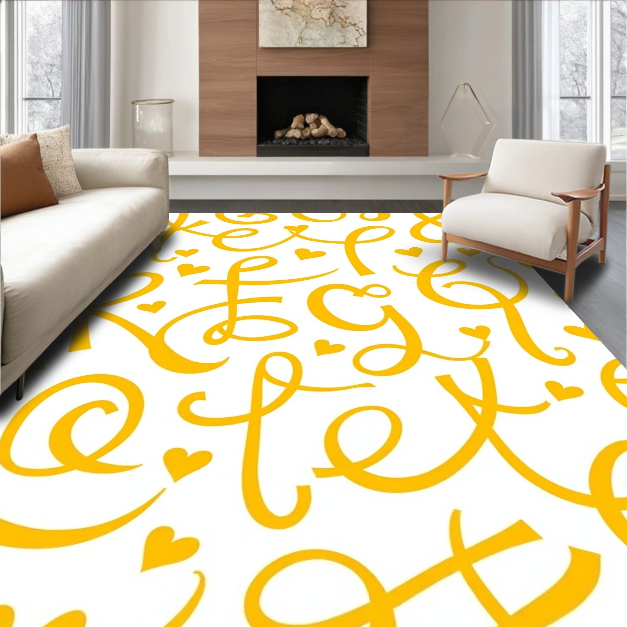 Yellow Script Hearts Whimsical Alphabet Rug