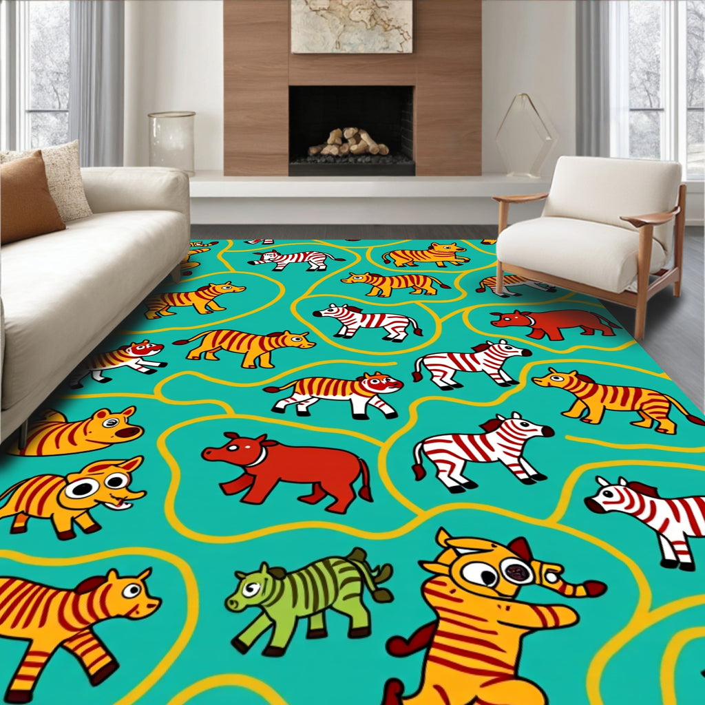 Playful Zebras Teal Animal Arrangement Rug